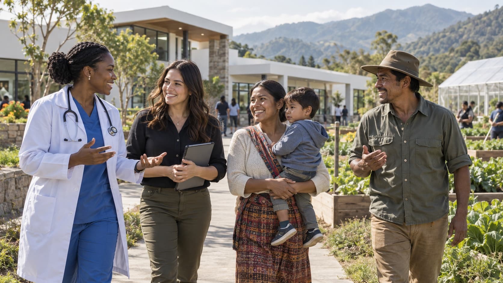 A nurse, a woman with a tablet, a mother holding her young son and a farmer walk and talk together along a garden path outside a clinic, with raised beds, a greenhouse and hills behind them