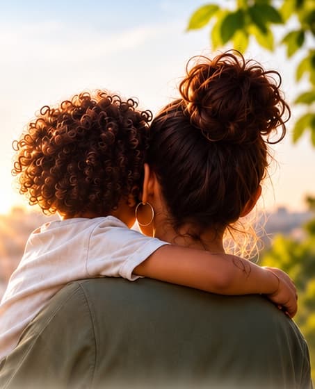 A mother holding her young child on her shoulder, both looking out over a city at sunset